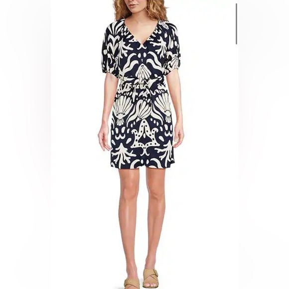 Alex Marie Womens Allison Satin Shell Print Crepe Short Sleeve A-Line Dress Sz M - Picture 1 of 16